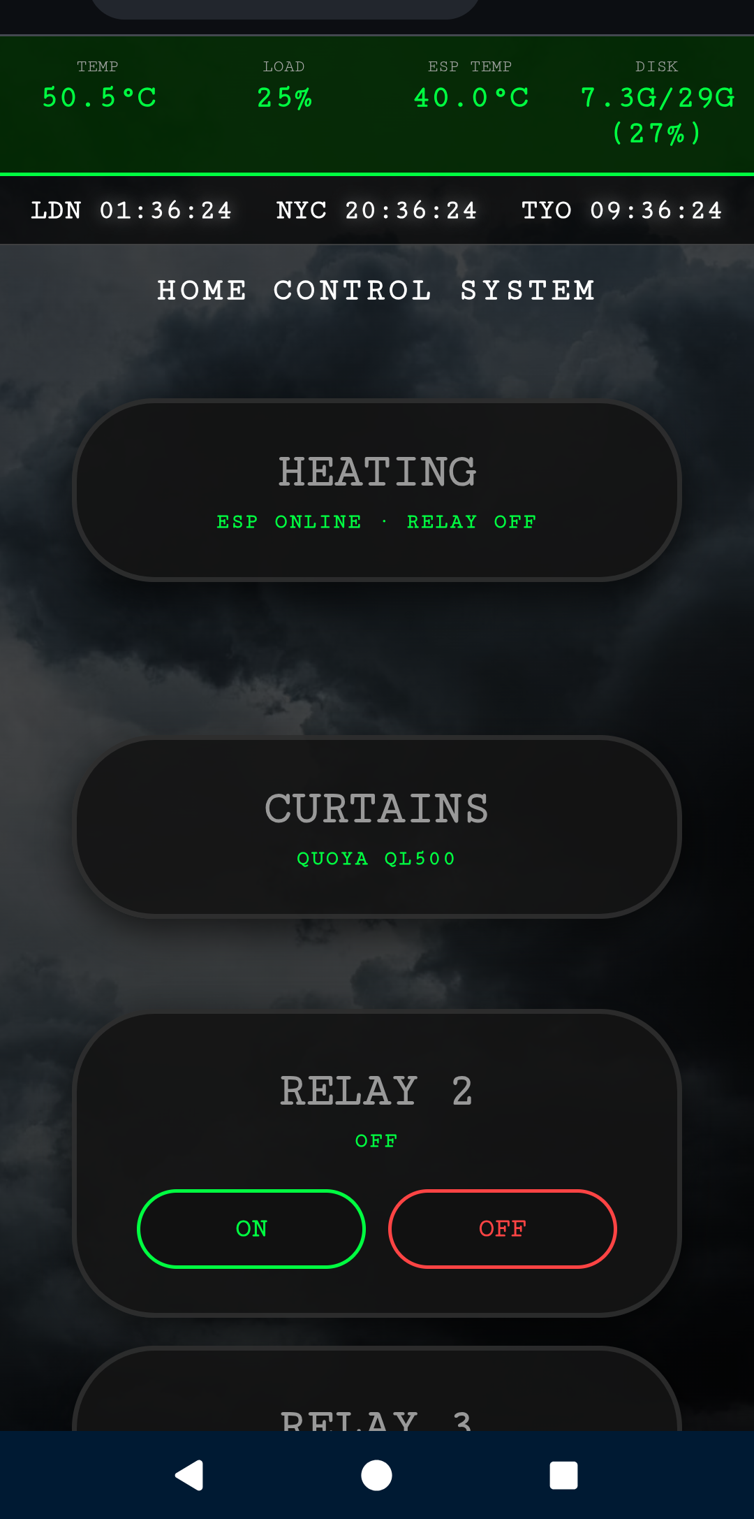 Tech-Yorks bespoke home control dashboard showing heating, curtains and relay controls
